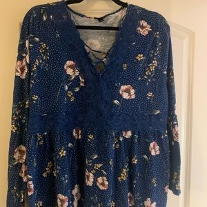 Knit Blue Floral Torrid Babydoll-ish Top